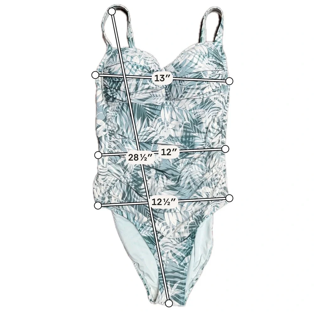Niptuck Swim‎ One Piece Swimsuit Teal White Palm Print Ruched Tummy Control  10